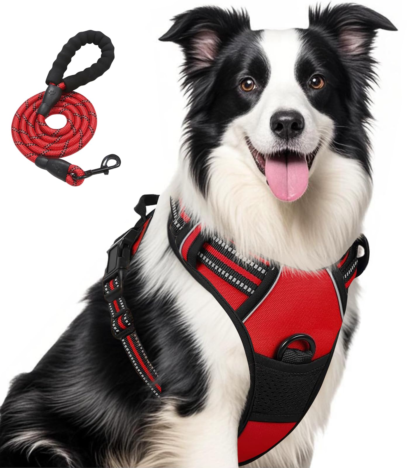 Jomkig Adjustable No Pull Dog Harness with Easy Control Soft Padded Handle for Large Dogs Reflective Breathable Pet Vest Outdoor Walking Training, Red, Large