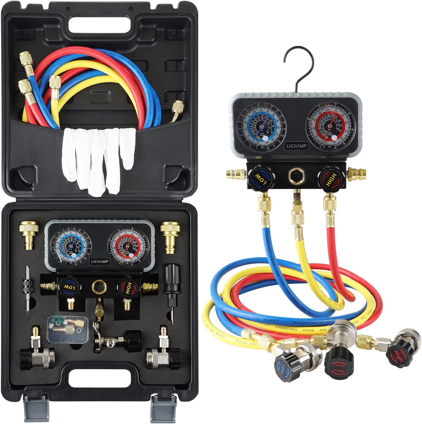 Lichamp AC R1234YF R134A Gauge Set, Automotive Manifold Gauge Compatible with R1234YF R134A and R404A Refrigerants, Works on Car Freon Charging and Evacuation