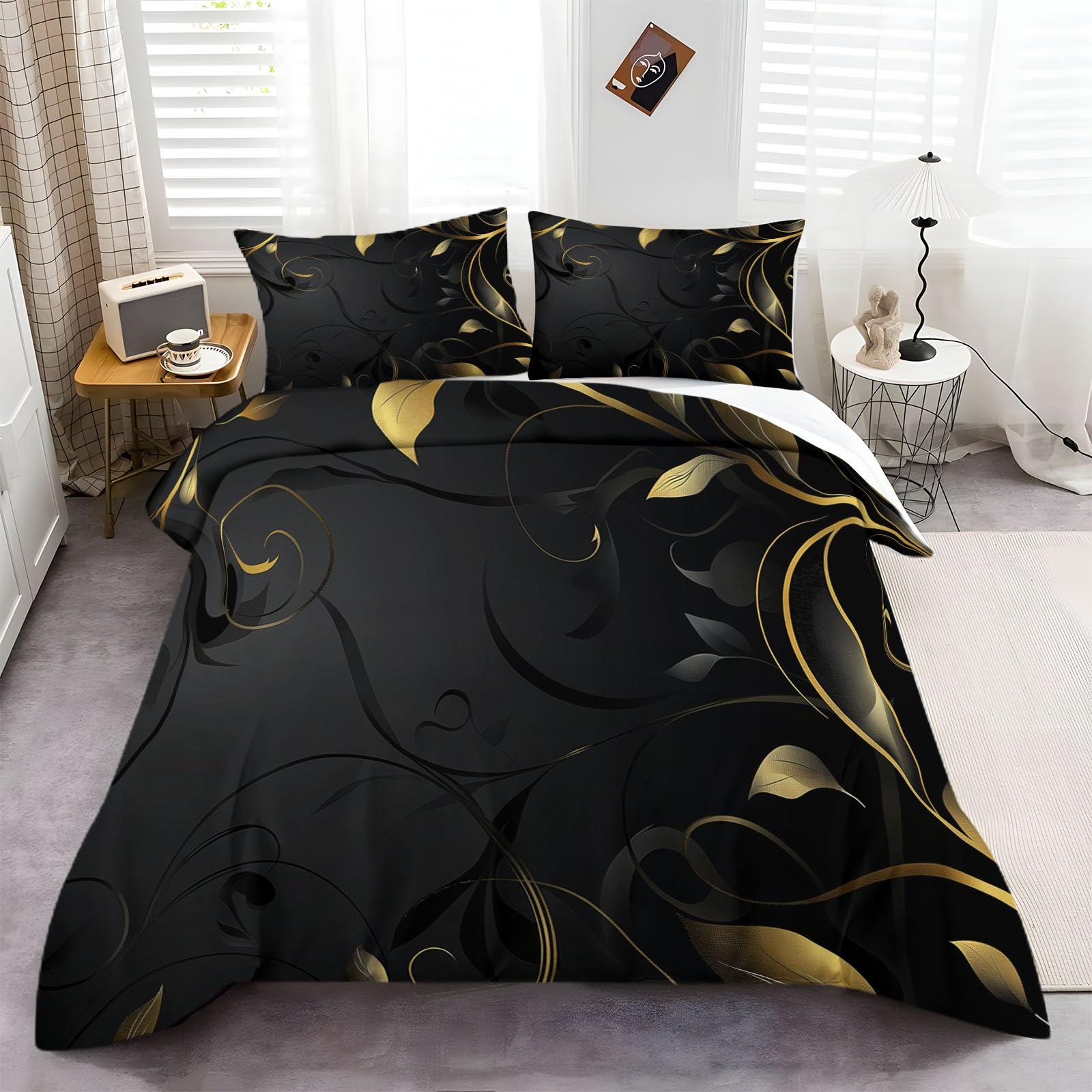 Funda nórdica 220 x 240 cm Flores Negras Y Doradas, Juego de Ropa de Cama para Lujo 3 Piezas, Incluye 1 Funda nórdica y 2 Fundas de Almohada 50 x 75 cm