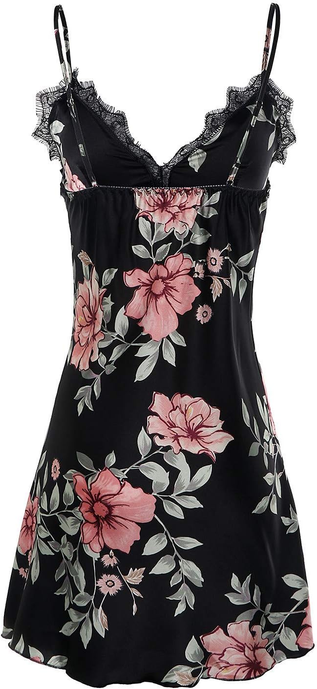 BellisMira Sexy Slip Satin Nightwear Lace Cami Padded/Unpadded Flower Pajamas V-Neck Sleepwear Floral Silk Nighty for Women