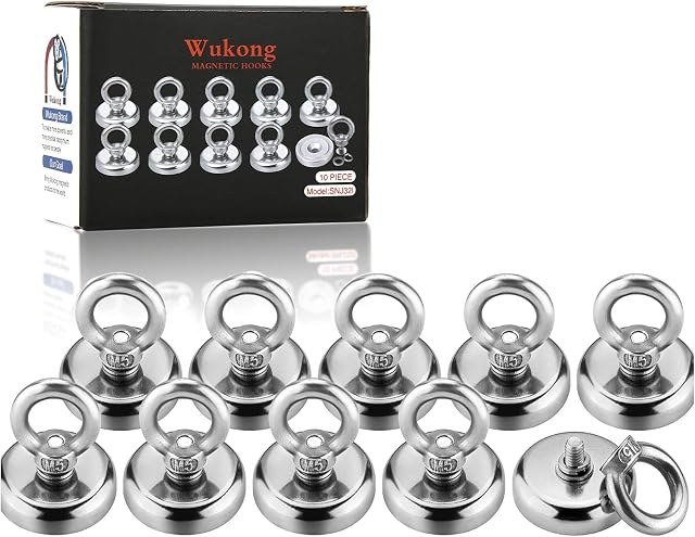 Wukong 1.26''D X 1.38''H Strong Permanent Rare Earth Magnets,65 LBS(30 KG) Pulling Forces Powerful Heavy Duty Neodymium Magnetic Hooks with Eyebolt for Multi-Use(10 Packs)