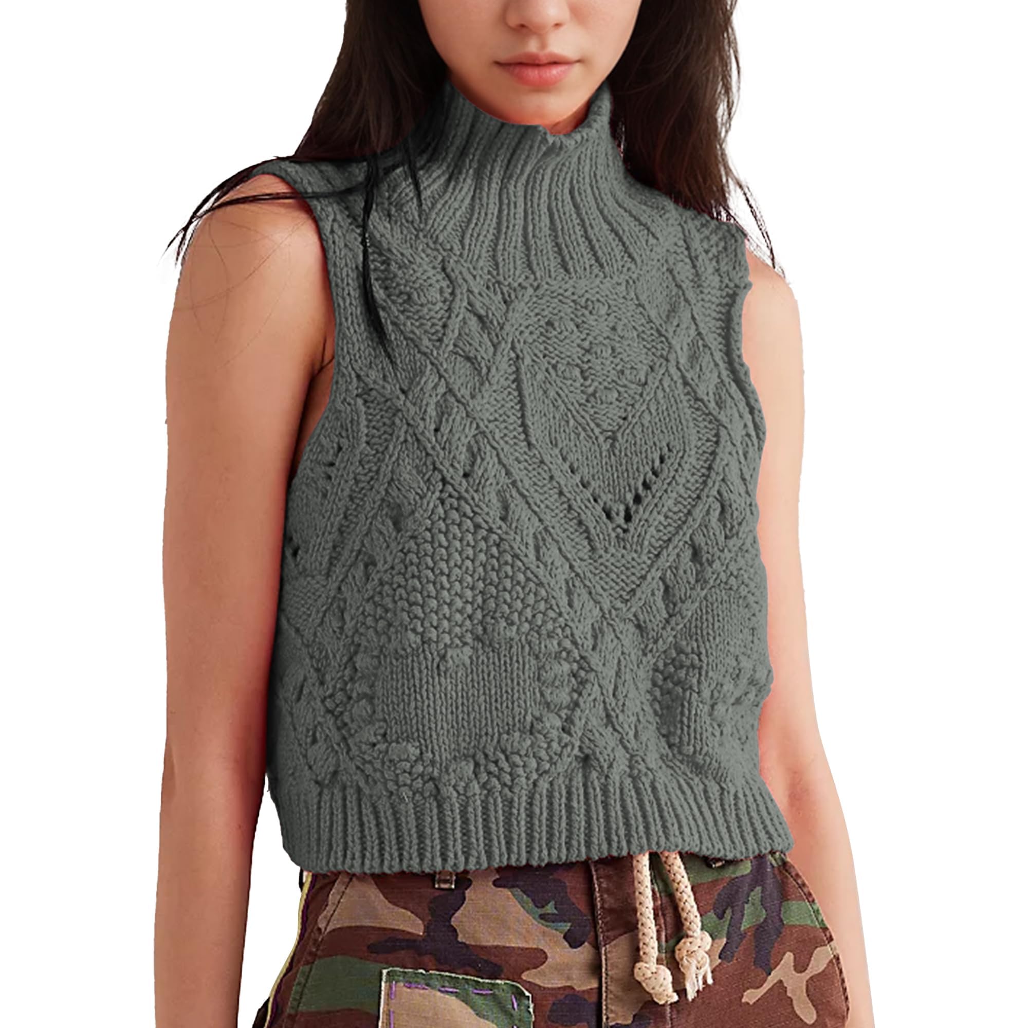Hixiaohe Turtleneck Crochet Sweater Vest Fall Fashion Knit Sleeveless Tank Tops for Women Lightweight Casual Pullover Clothes