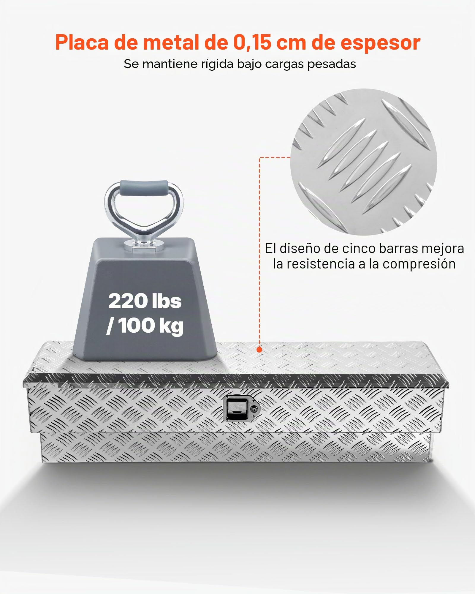VEVOR Caja de Herramientas para Caja de Camioneta, de Aluminio, con Dibujo, Cerradura y Llave, Ideal para Camioneta, RV, Remolque, Carga Máxima del Escalón 100 kg, 1219 x 340 x 330 mm, Plata
