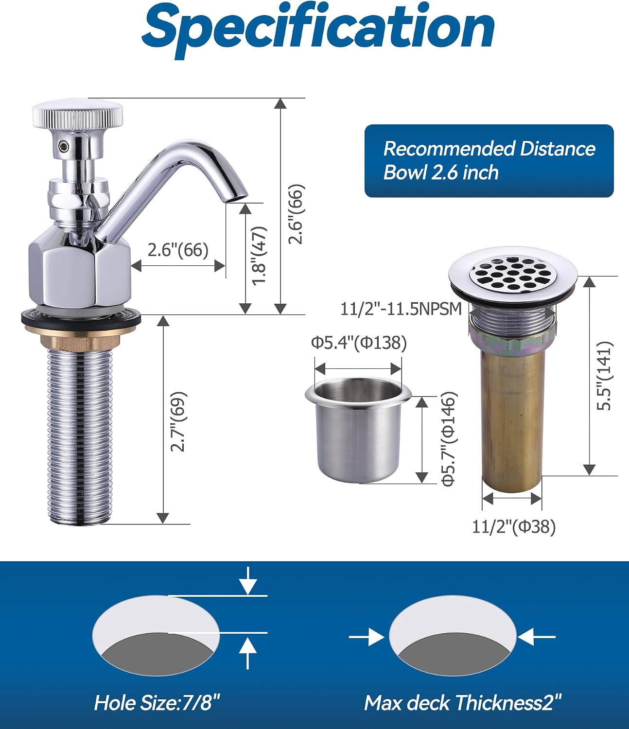 Dipper Well Faucet & Bowl Set: Coffee Shop Bar Counter Sink Faucet, Brass Commercial Food Washing Tool with 0.4 GPM Flow Tower and Bowl Assembly for Washing Coffee Ice Cream Spoon