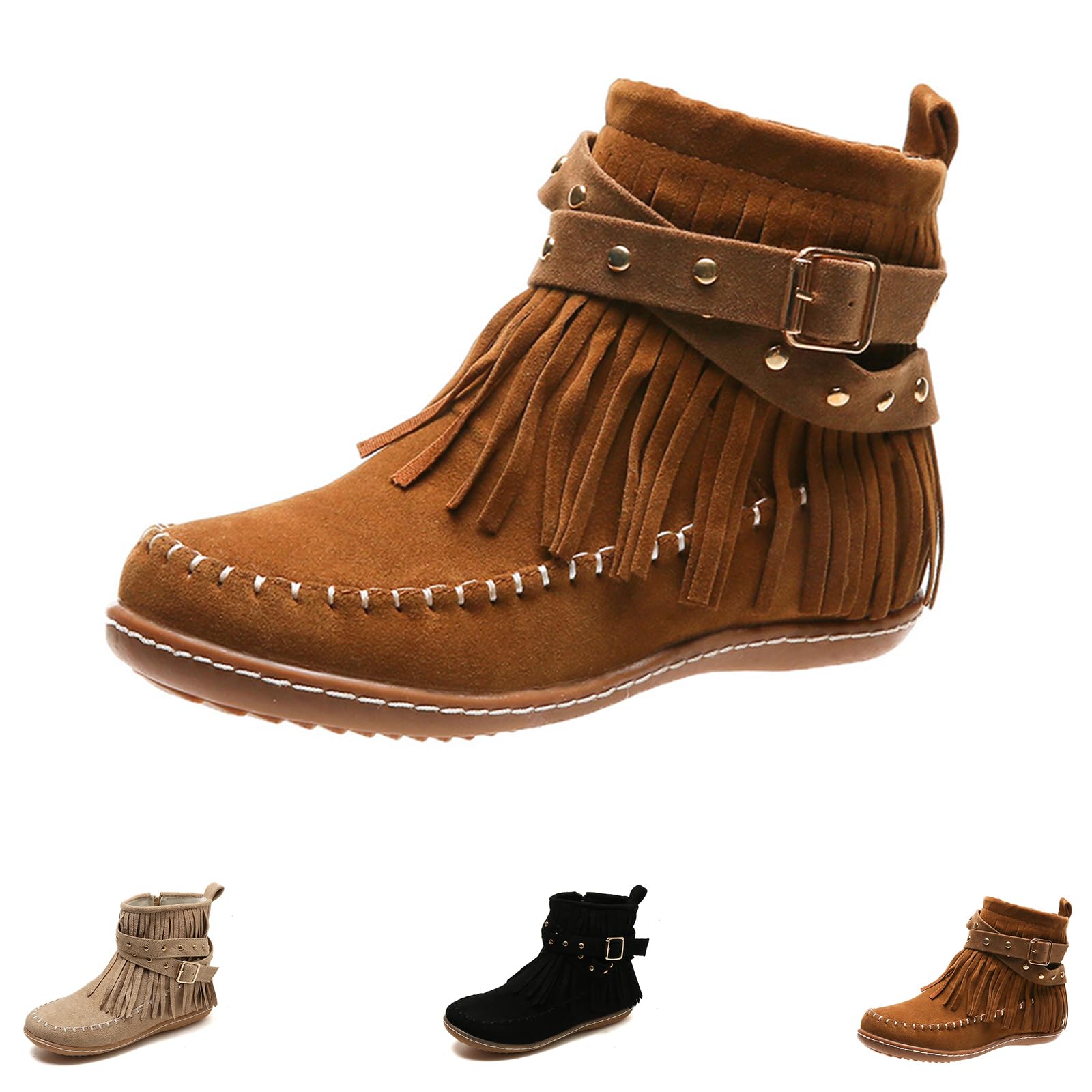 Womens Western Cowboy Ankle Boots Round Toe Buckle Strap Flat Fringe Suede Boots Winter Warm Outdoor Short Booties