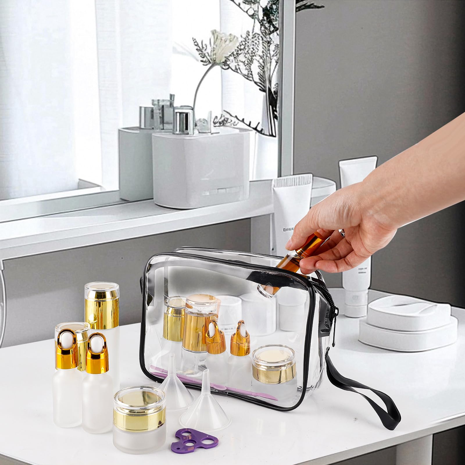 Confezione da 30 contenitori da viaggio in vetro per la cura della pelle, approvati TSA, da 1,3/1/0,7/8,5 g, contenitori da viaggio ricaricabili con pompa, barattoli e bottiglia di olio essenziale, in