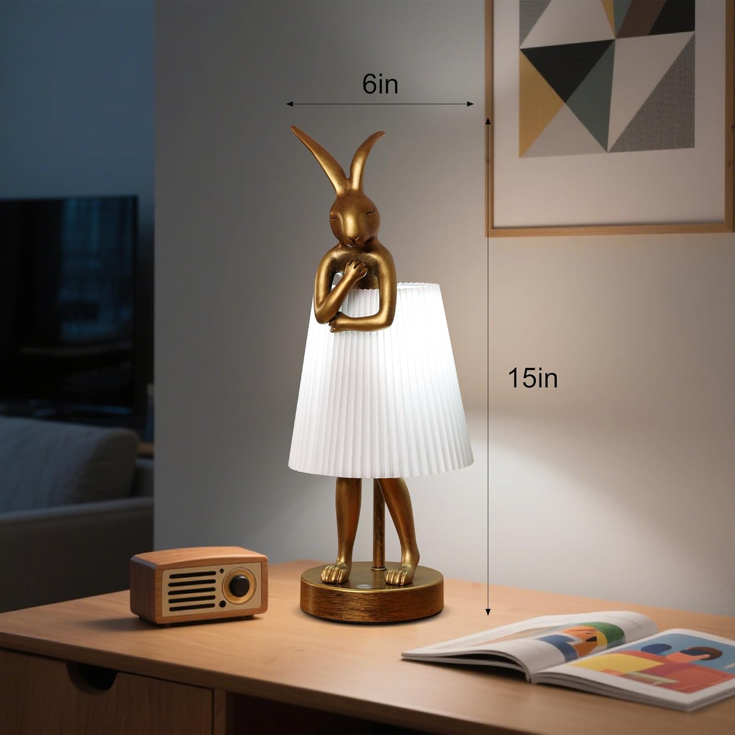 Cordless Bunny Table Lamp - Rechargeable Resin Rabbit Desk Light with 5000mAh Battery, Pleated White Shade, Stepless Dimming, Antique Gold Finish for Bedroom & Living Room