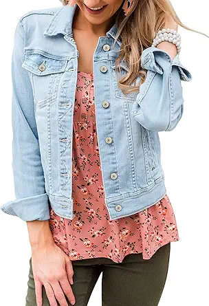 Vetinee Womens Stretch Button Down Long Sleeve Pockets Denim Jean Trucker Jacket