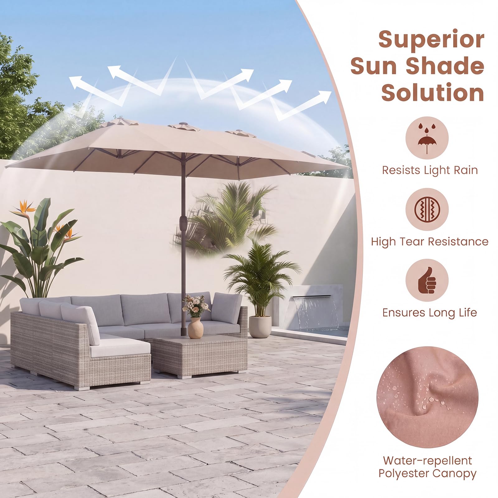 GOPLUS Parasol de Jardin Exterieur avec Pied, 4,7x2,8M Grand Parasol Double Face avec LED Solaires, Manivelle, 12 Baleines, Protection Solaire, pour Terrasse Patio Marché, Beige