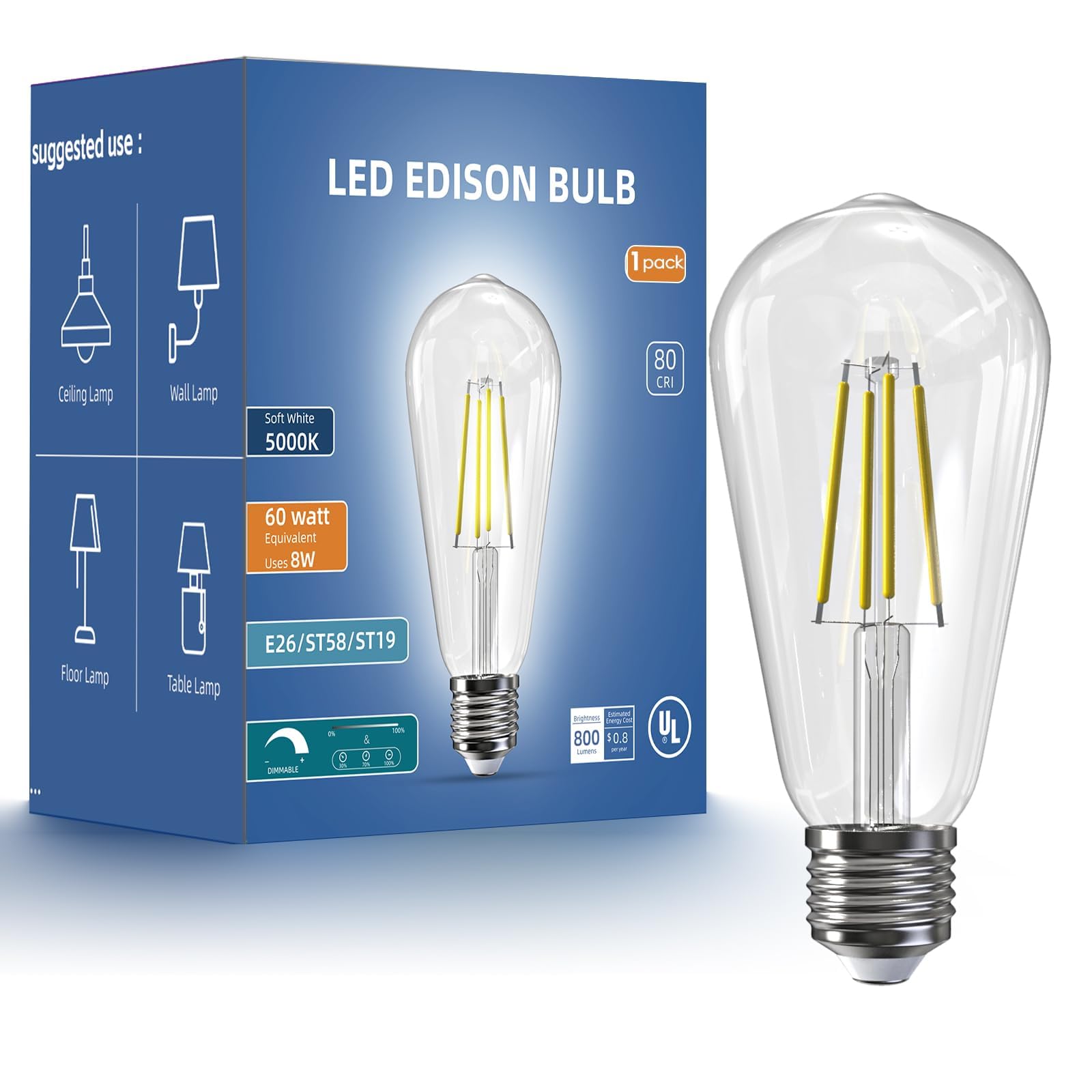 Jensense Edison Bulbs E26 LED Bulb 60 Watt Equivalent, Vintage LED Light Bulbs CRI90+ ST19, Dimmable Clear Light Bulbs (5000K Daylight, 7watt-1 Pack)