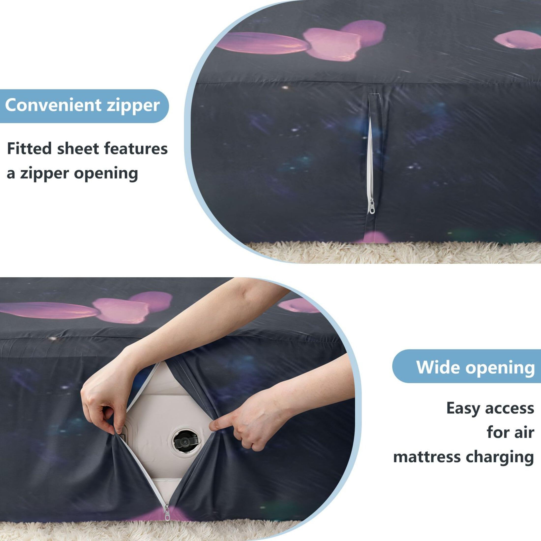 Galaxy Cat - Sábana bajera ajustable individual para colchón de aire, bolsillo extra profundo de 24 pulgadas, funda suave y transpirable con apertura de válvula de cremallera para cama de