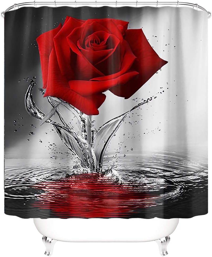 MrLYouth Red Rose Shower Curtain Sets with Non-Slip Rugs,Bath Mat,Toilet Lid Cover and 12 Hooks,Waterproof Polyester Modern Style Flower with Water Pattern Bath Sets Bathroom Decor 4Pcs : Home & Kitchen