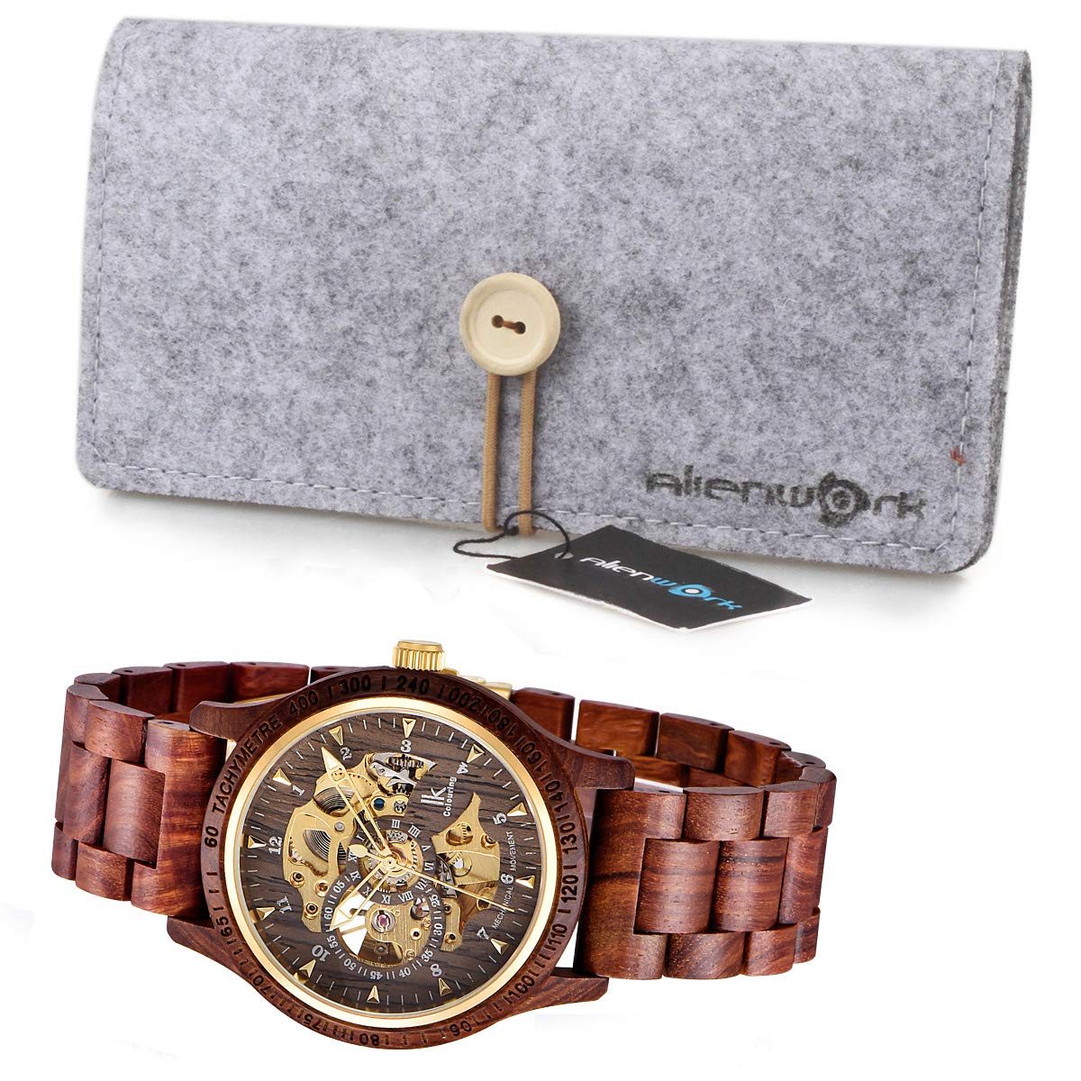 Alienwork IK Wood Automatikuhr Armbanduhr Herren Damen Natur-Holz Glasboden