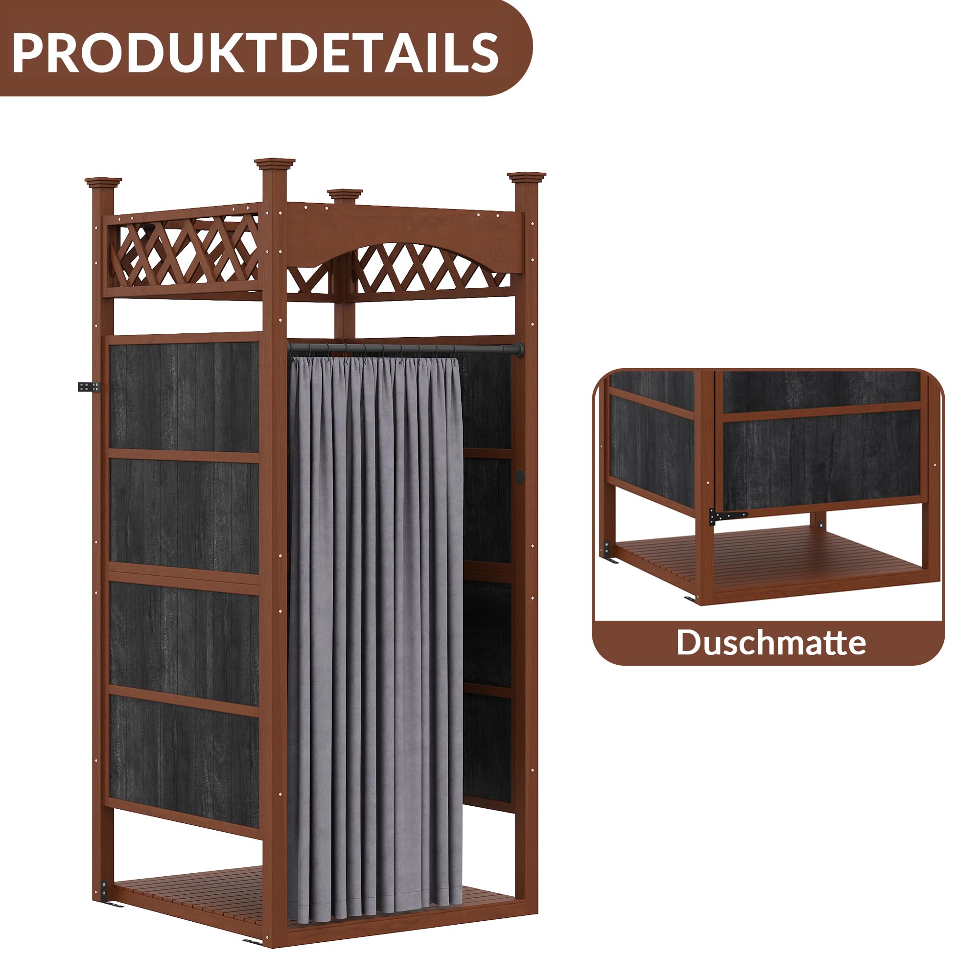 Gartendusche Outdoor Dusche aus Massivholz, Duschkabine & Umkleidekabine mit Duschvorhang & Bodenmatte, Sichtschutz für Pool & Garten, Wetterfeste Außendusche Holz
