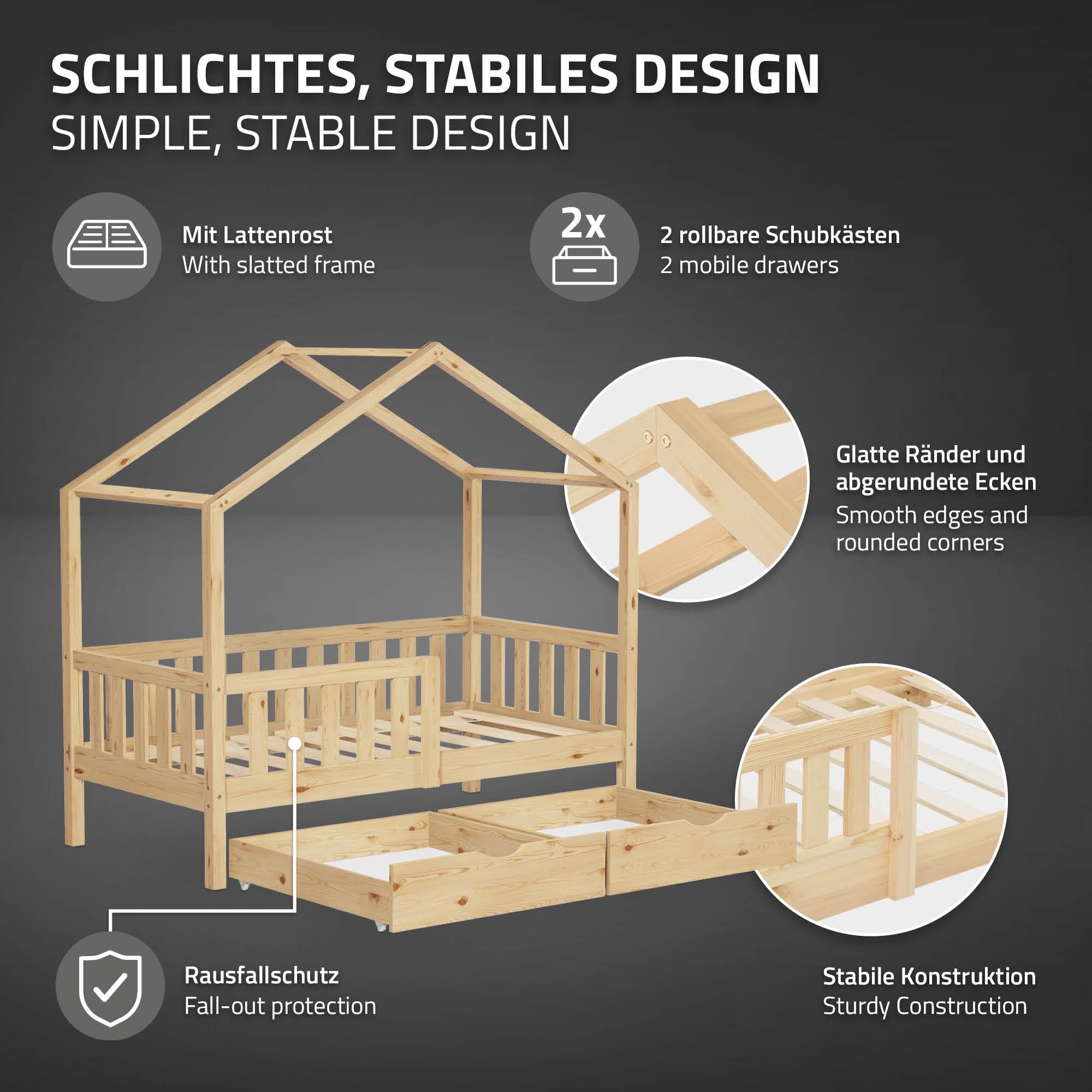 ML-Design Letto a Casetta per Bambini 70x140 cm in Legno di Pino Naturale con Materasso, Sponde di Sicurezza e 2 Cassetti Contenitore, Lettino Montessori a Pavimento, Giroletto Cameretta