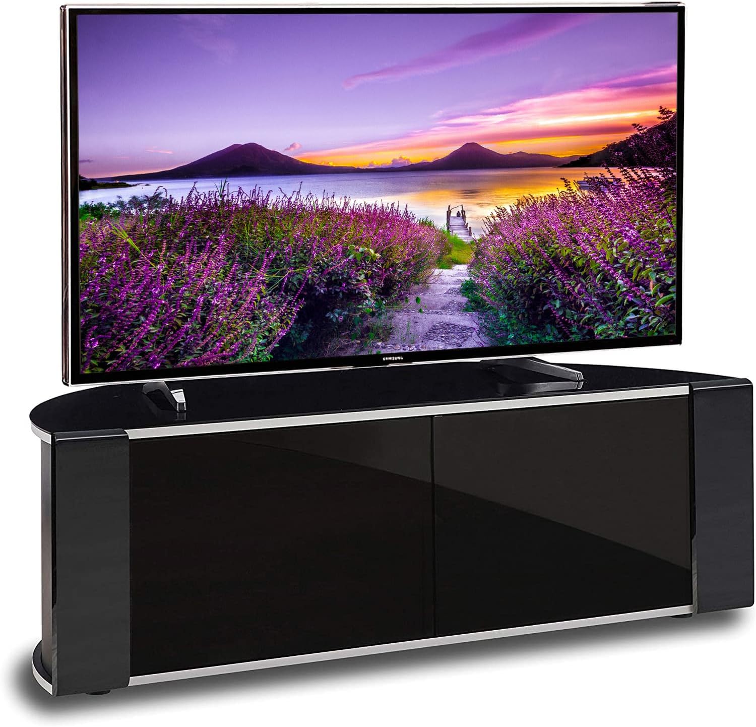 Sirius 1200 Remote Friendly Beam Thru Glass Door Gloss Piano Black with Black Front Profiles & Silver Trim up to 55" LCD/Plasma/LED Cabinet TV Stand