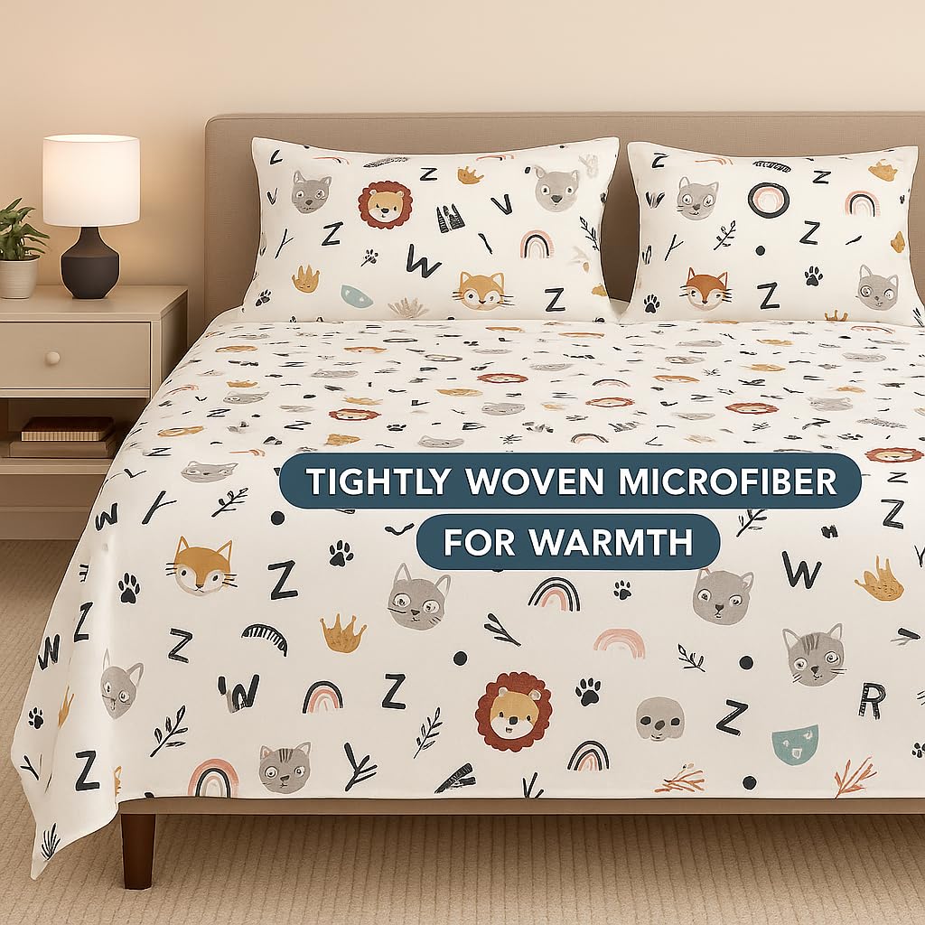 Cottington Lane Kid's Alphabet Adventure Cartoon Bedsheet Set for Double Size Bed – Fun Learning Print with 2 Pillow Covers – Soft, Lightweight & Durable Bedding for Kids Room (90 x 100 Inches) 1