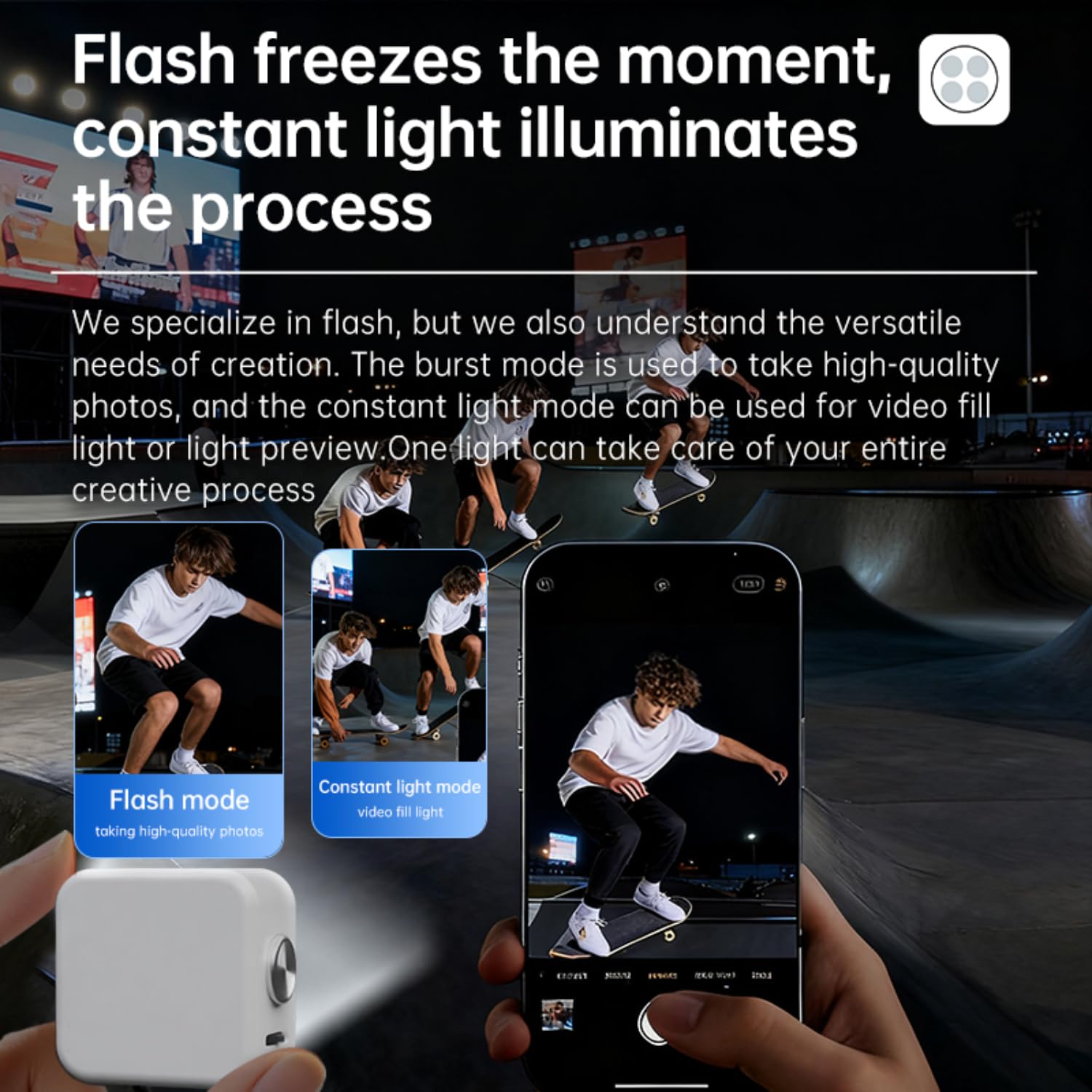 Funmount - Flash externo para smartphone (18 W, con luz continua de 3 W, magnética, para fotos, vídeo y transmisión en directo, color negro)