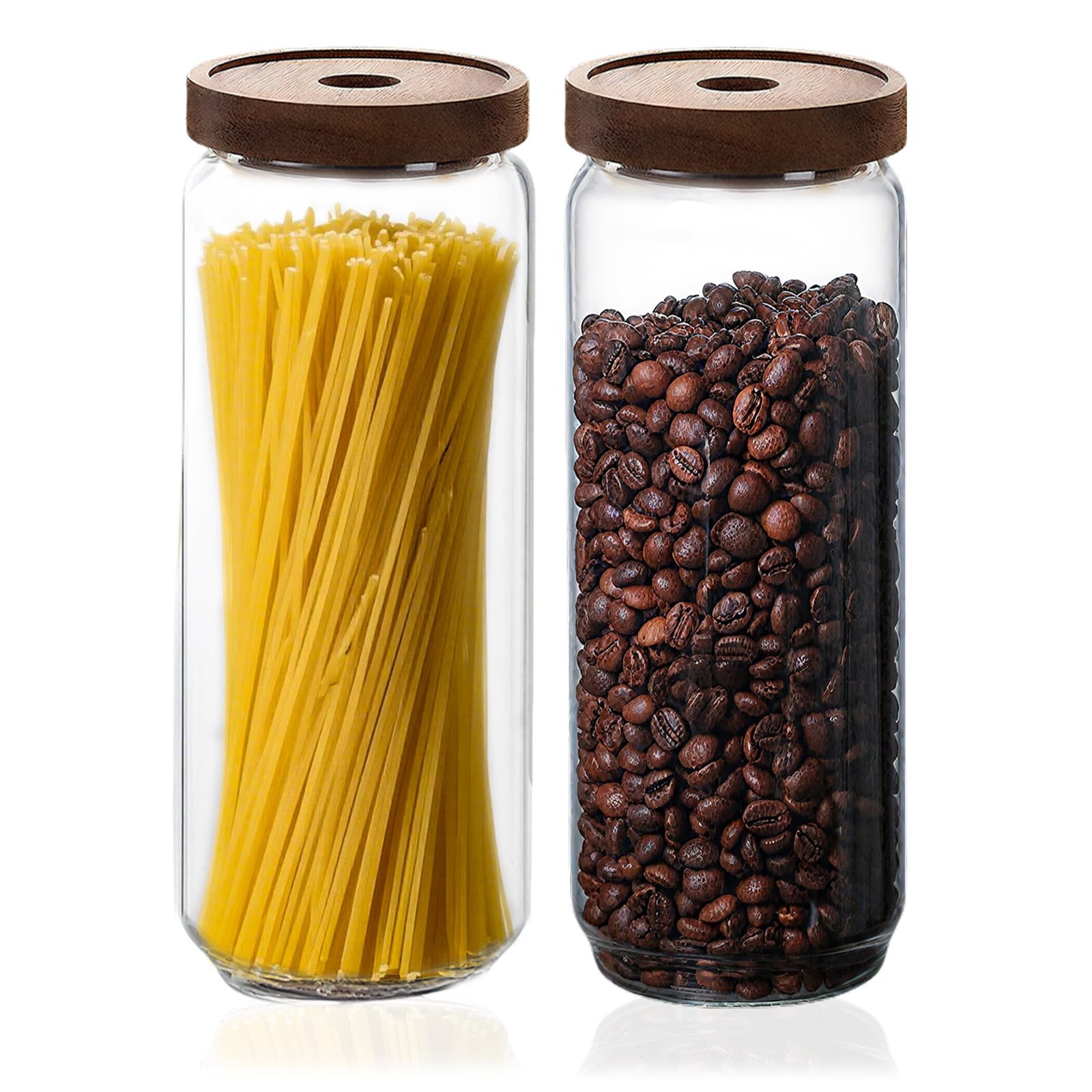 Glass Jars with Airtight Wood Lids - 1700 ML Large Tall Kitchen Pantry Storage Containers, Decorative Canister for Pasta, Fusilli, Spaghetti, Noodles, Coffee Beans, Cereal, Oats, Tea, Nuts, Set of 2