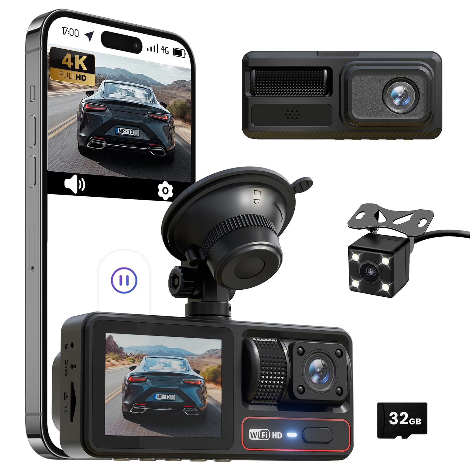 TURSICA 3-channel dash cam with 4K front and app control