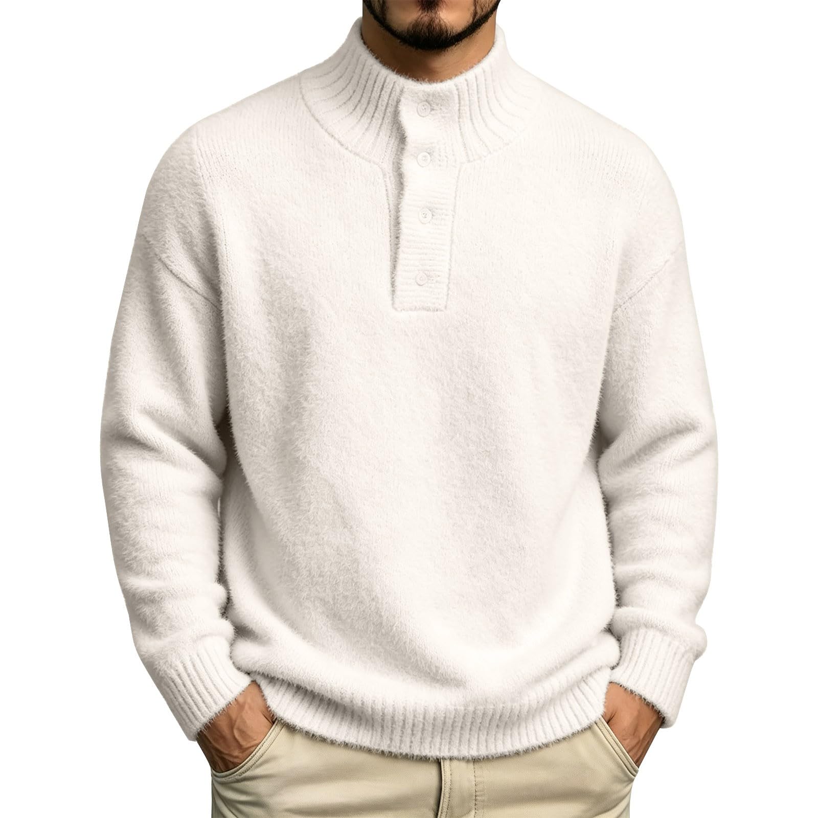 Męskie swetry puszyste dzianinowe swetry casualowe topy Henley z długim