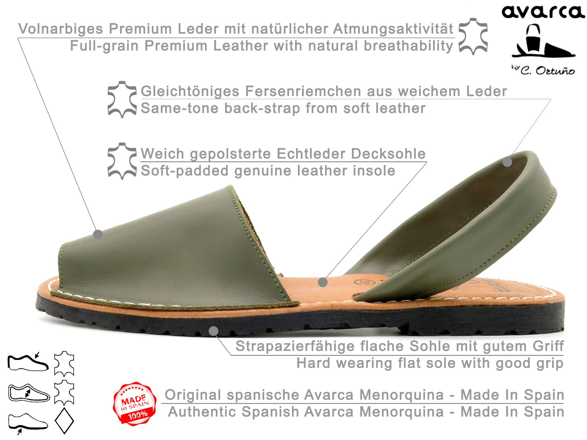 Avarca Damen Sandalen Leder Menorquina Echtleder Decksohle gepolstert spanische Menorca Barca Sommerschuhe grün EU 42