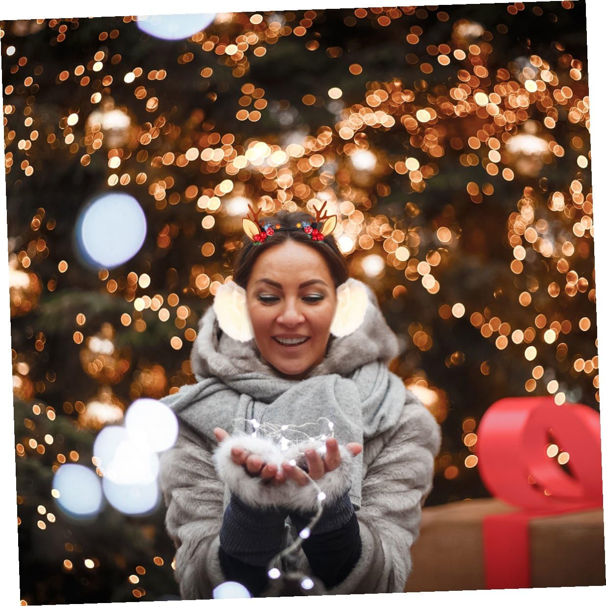 Christmas Earmuffs for Women Cute Reindeer Antlers Headband with Cat Ears Winter Warm Ear Muffs Soft Furry Headcover for Outdoor Use