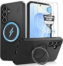 for Samsung Galaxy S25 FE Case with [2 Packs] Tempered Glass Screen Protector & 360° Kickstand Ring [Compatible with MagSafe], Heavy Duty Shockproof Bumper Case for Galaxy S25FE Phone 6.7'' Black