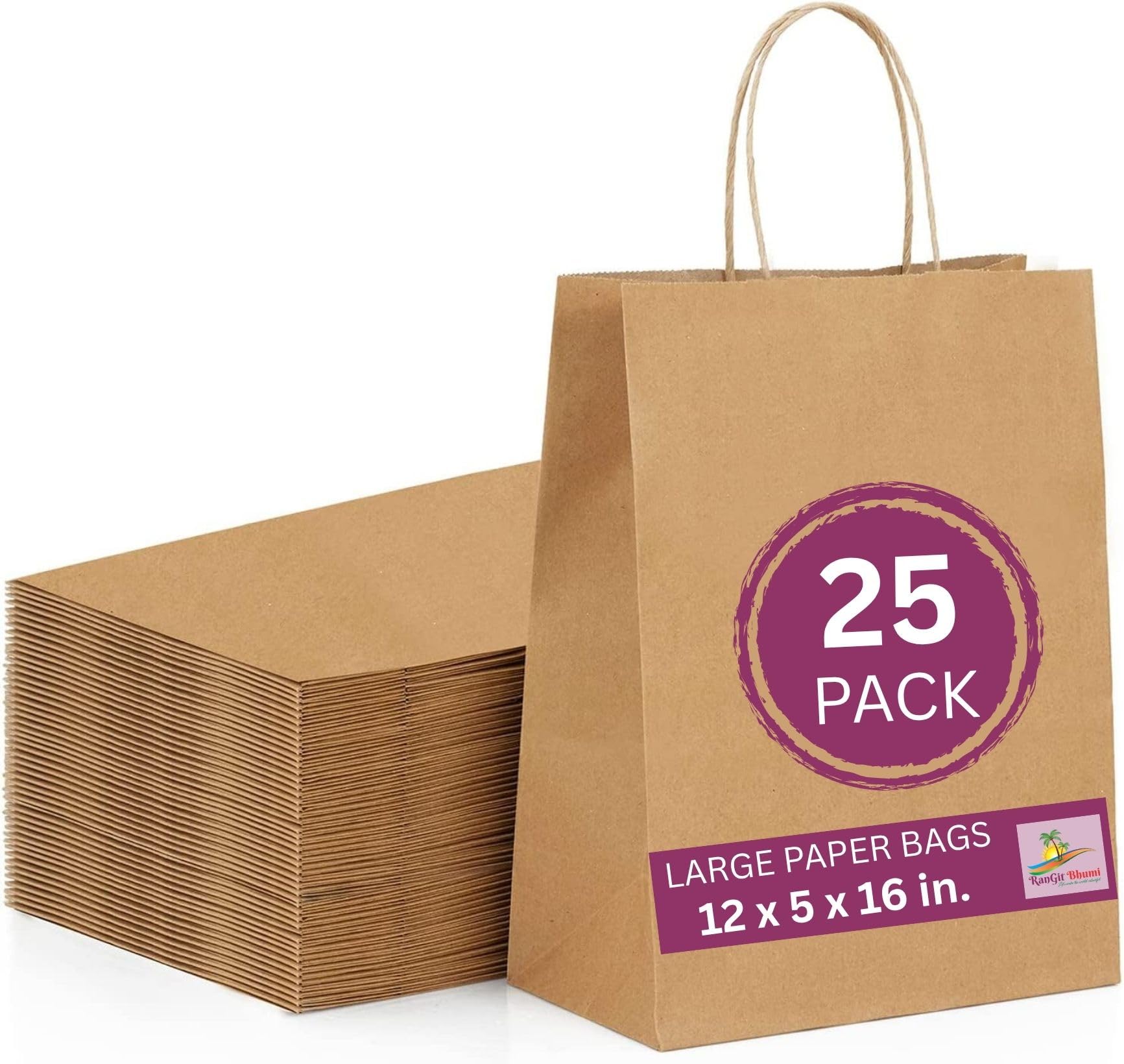 Brown Kraft Paper Bags with Handles 20 pcs 12"x16"x5" - Large size Paper Carry Bags for Shopping Retail Merchandise, Party favor Return Gift Bag -Disposable