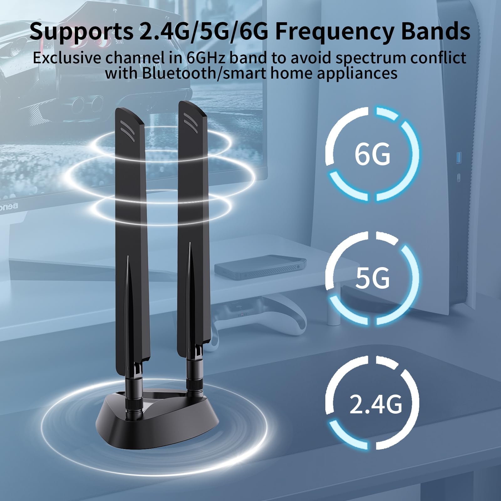 QFly WiFi 6e Tri-Band Antenna 6GHz/5GHz/2.4GHz RP-SMA Wi-Fi Antennas with Magnetic Base and 6.5ft Extension Cable for PC Desktop Computer PCIE Wireless Card Adapter Router