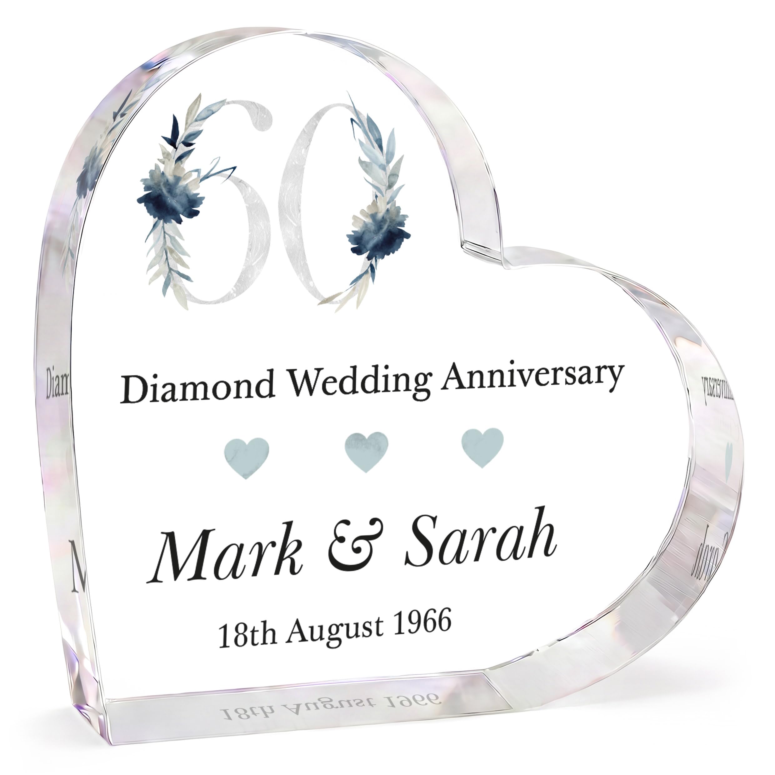 Beecreative Personalised Diamond Wedding Anniversary - Gift For Mum and Dad Grandparents - 60th Anniversary -Gift For Parents - 60 Years Anniversary - Heart Shape Keepsake With Grey Bag
