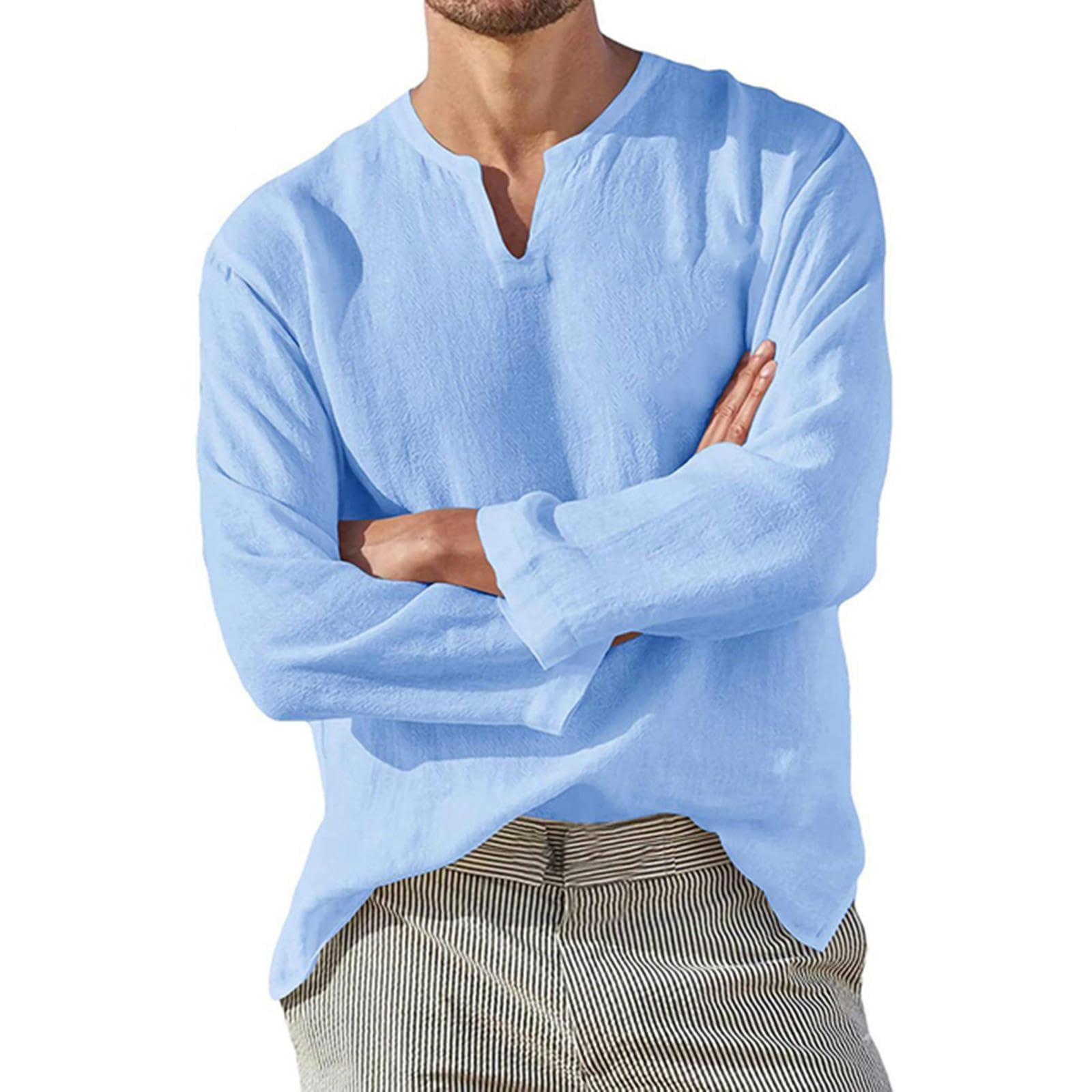Uomo Maglia a Maniche Lunghe in Cotone Camicia di Lino Uomini Breve Traspirante Comodo Colore Solido Manica Lunga Camicetta Casuale-S Blu-XL