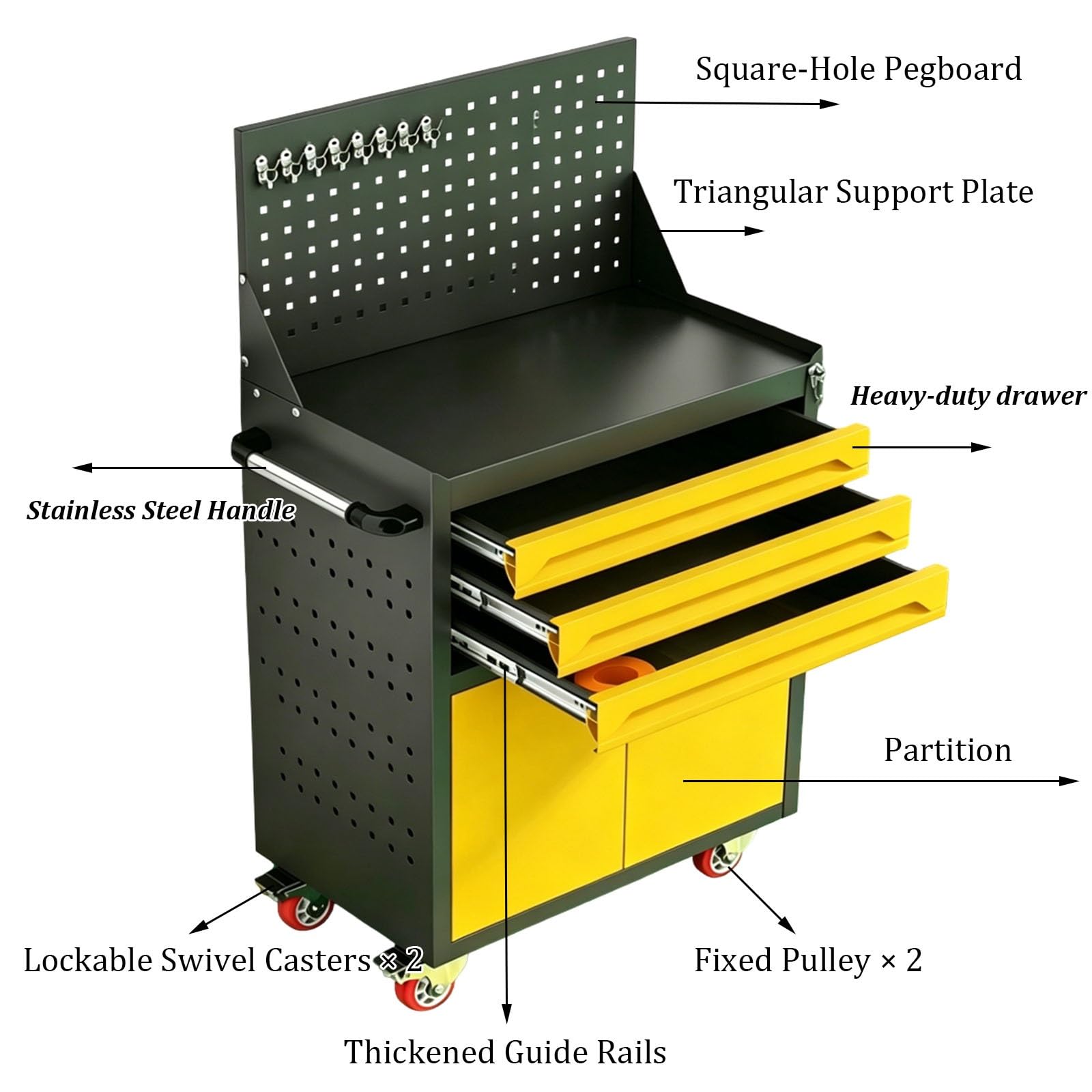Carrello Portautensili Robusto in Acciaio – Carrello di Servizio in Metallo con Cassetto con Serratura e Pannelli Forati Laterali – Ideale per officine di riparazione(Yellow,3-Tier)