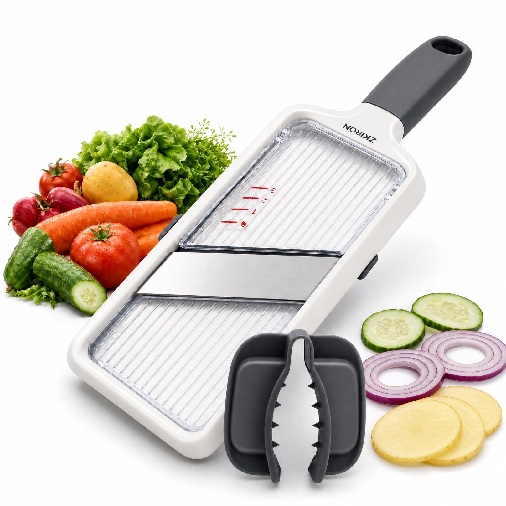 ZKIRON Mandolina portatile per cucina, regolabile, 3 spessori (1 mm-3 mm), affettatrice per verdure con protezione di sicurezza per le mani, patate, cipolle, pomodori e cetrioli, per insalata, facile