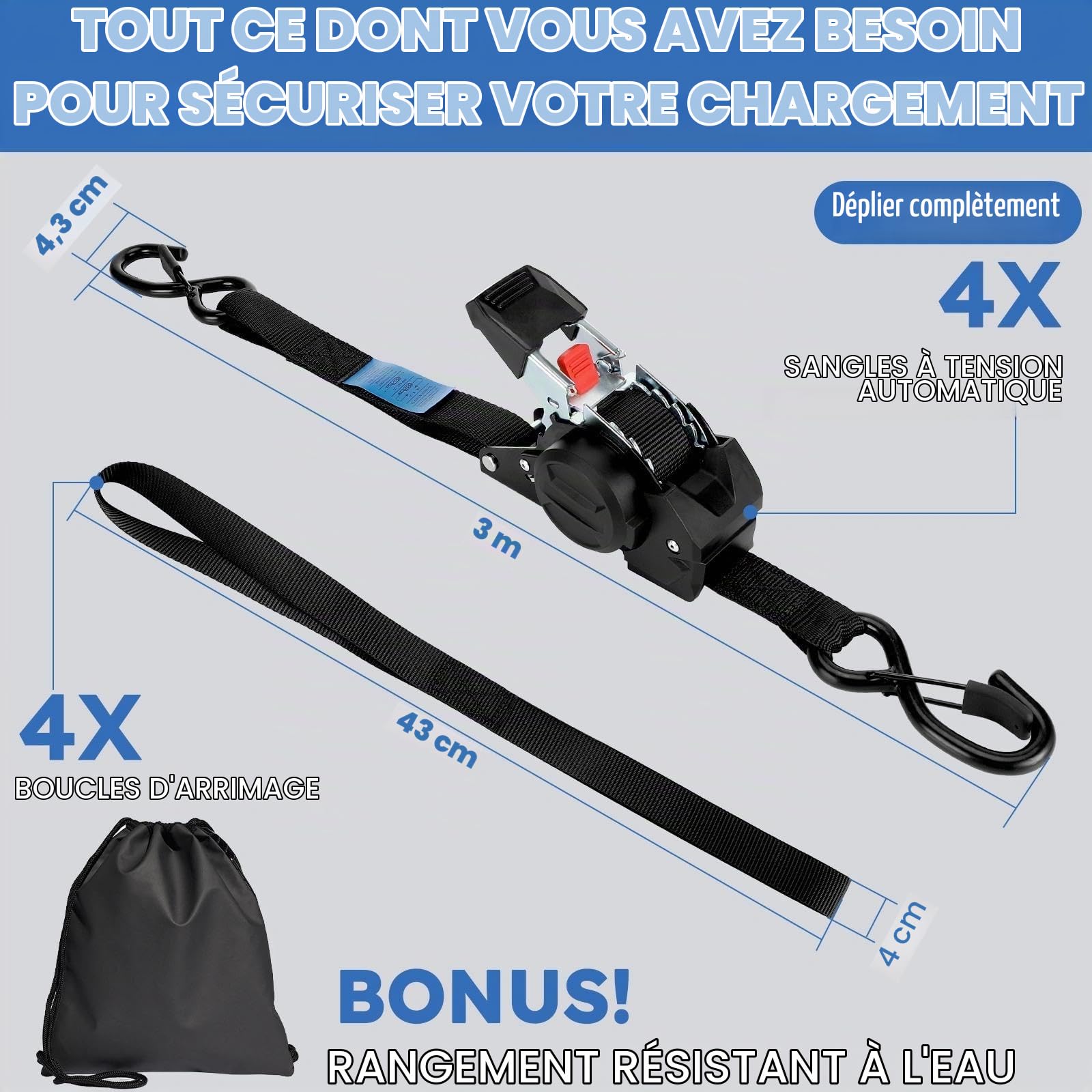 Lot de 4 Sangles à cliquet rétractables, Sangle Moto remorque, Noir | 3m 25mm d'arrimage à rétraction Automatique, avec Crochets en S, 700KG de résistance à la Rupture, pour Camion, Moto, Vélo
