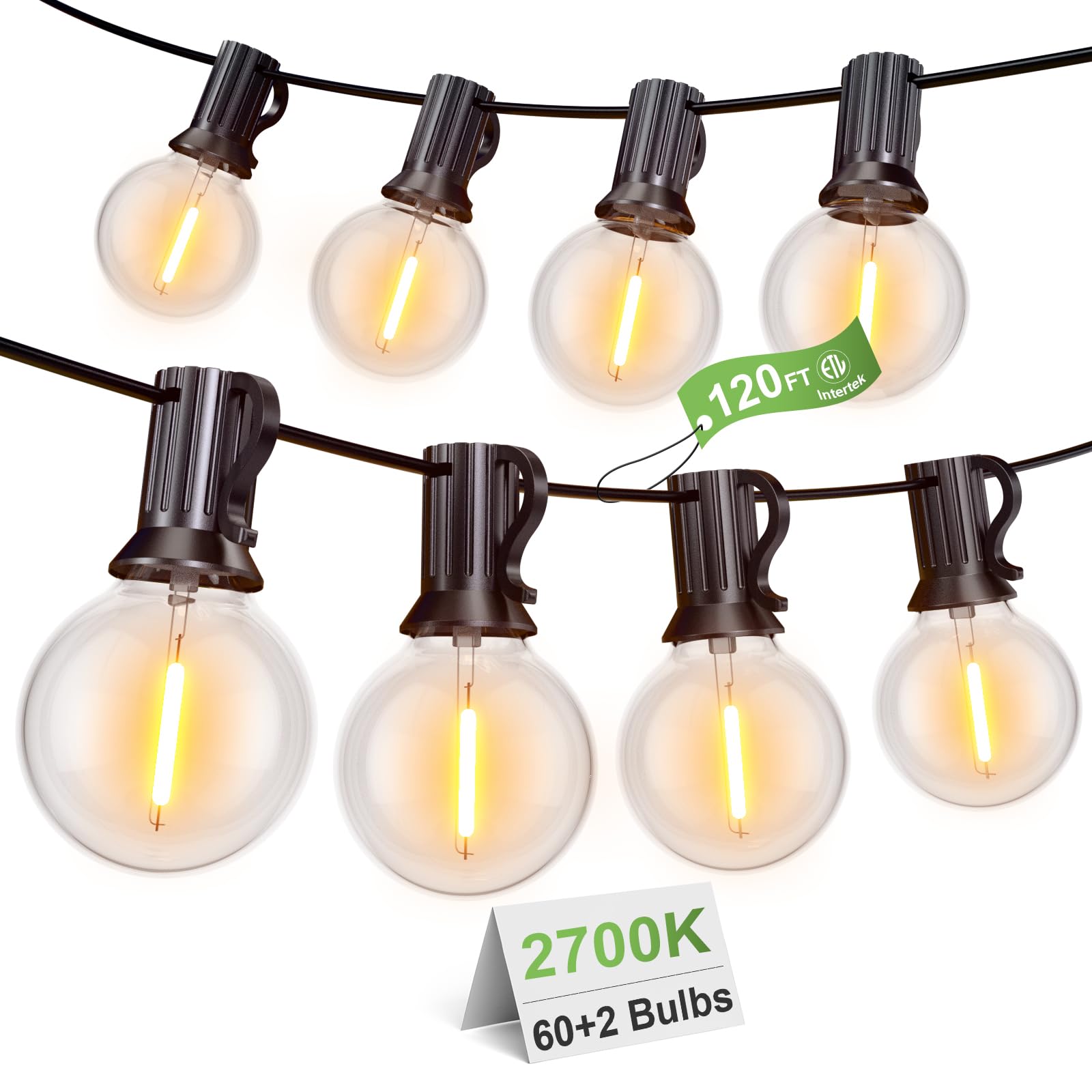 FANSANMY Catena Luminosa Esterno 36,5M, Catena Luci Stringa Giardino Alimentate, G40 60+2 Lampadine a LED in Plastica 2700K, IP45 Luci da Giardino Impermeabili per Cortile, Matrimoni, Feste