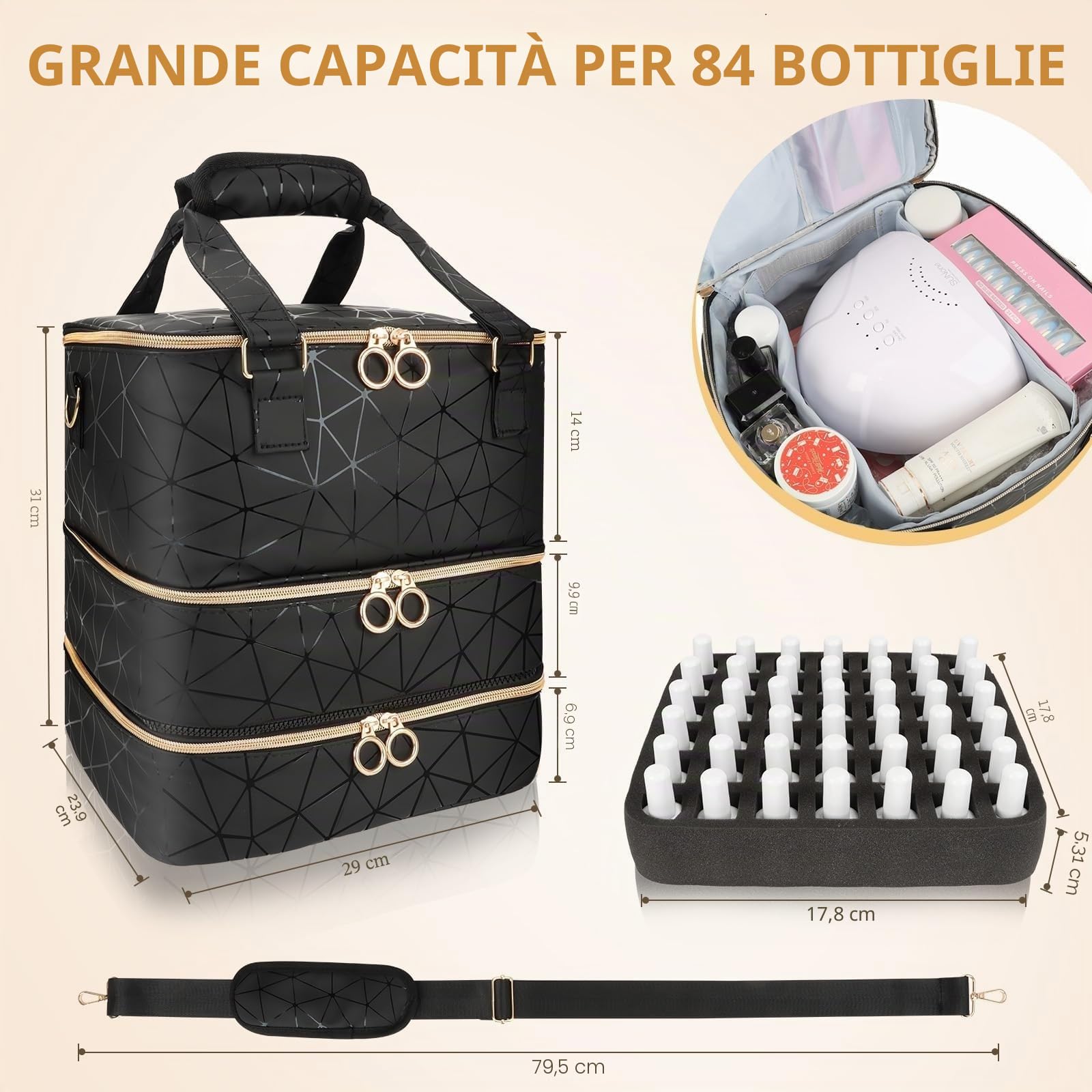 Grande borsa organizer per smalti, contiene 84 flaconi (15 ml/0,5 fl.oz) e lampada per unghie, custodia per il trasporto di smalti, kit per unghie strumenti per manicure (Nero)