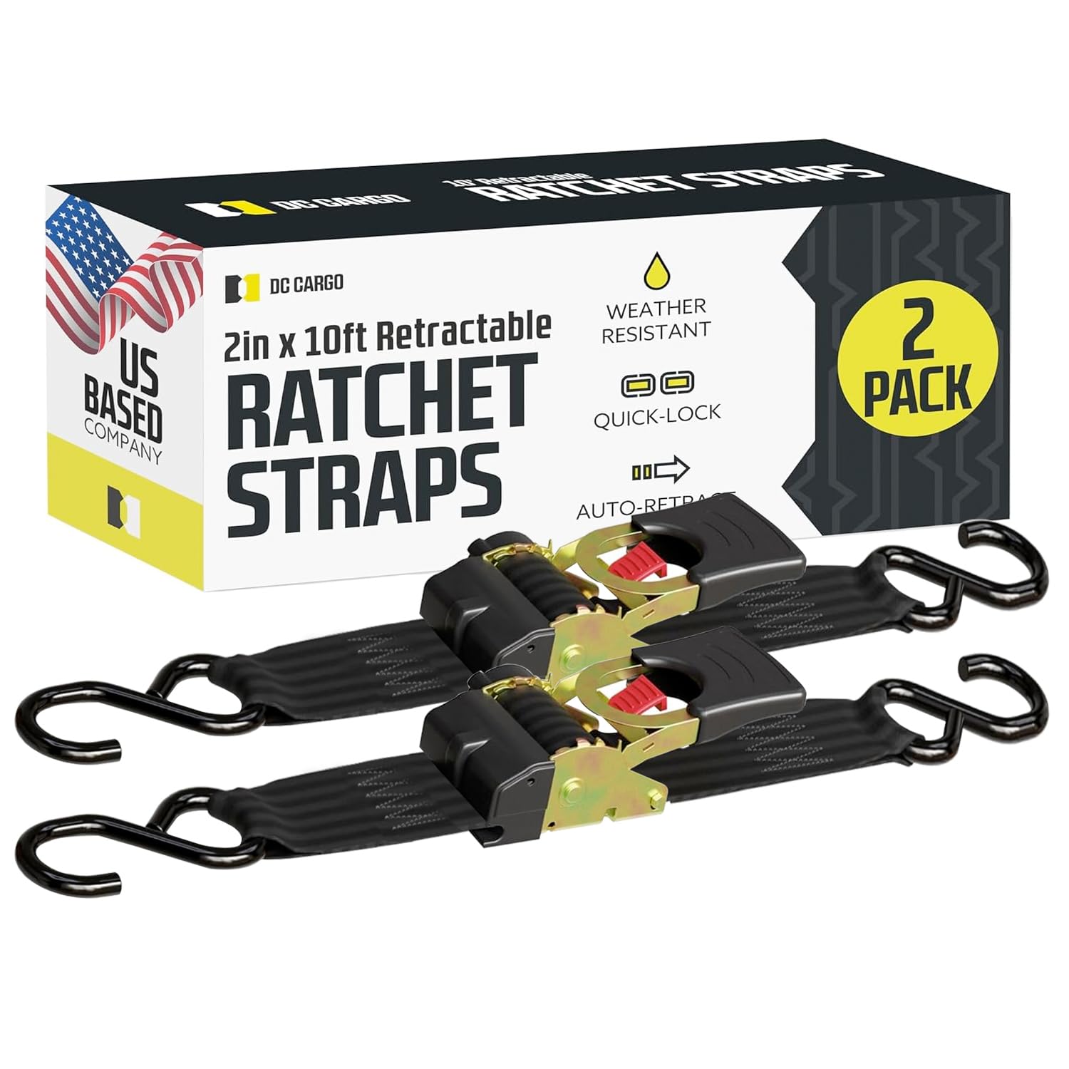 DC Cargo Mall Auto Retractable Ratchet Straps (2-Pack) 2” x 10ft, Super Heavy Duty, 3,033lb Break Strength – Tie Down Straps for Cargo, Truck, Trailer, Boats