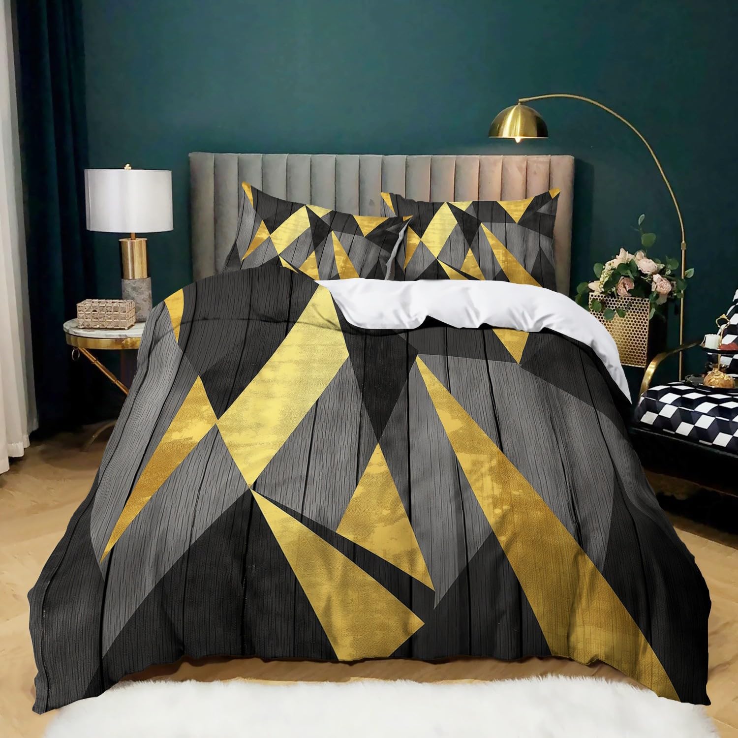 Parure de lit géométrique noire 140x200 cm avec 2 taies d'oreiller en microfibre pour enfant