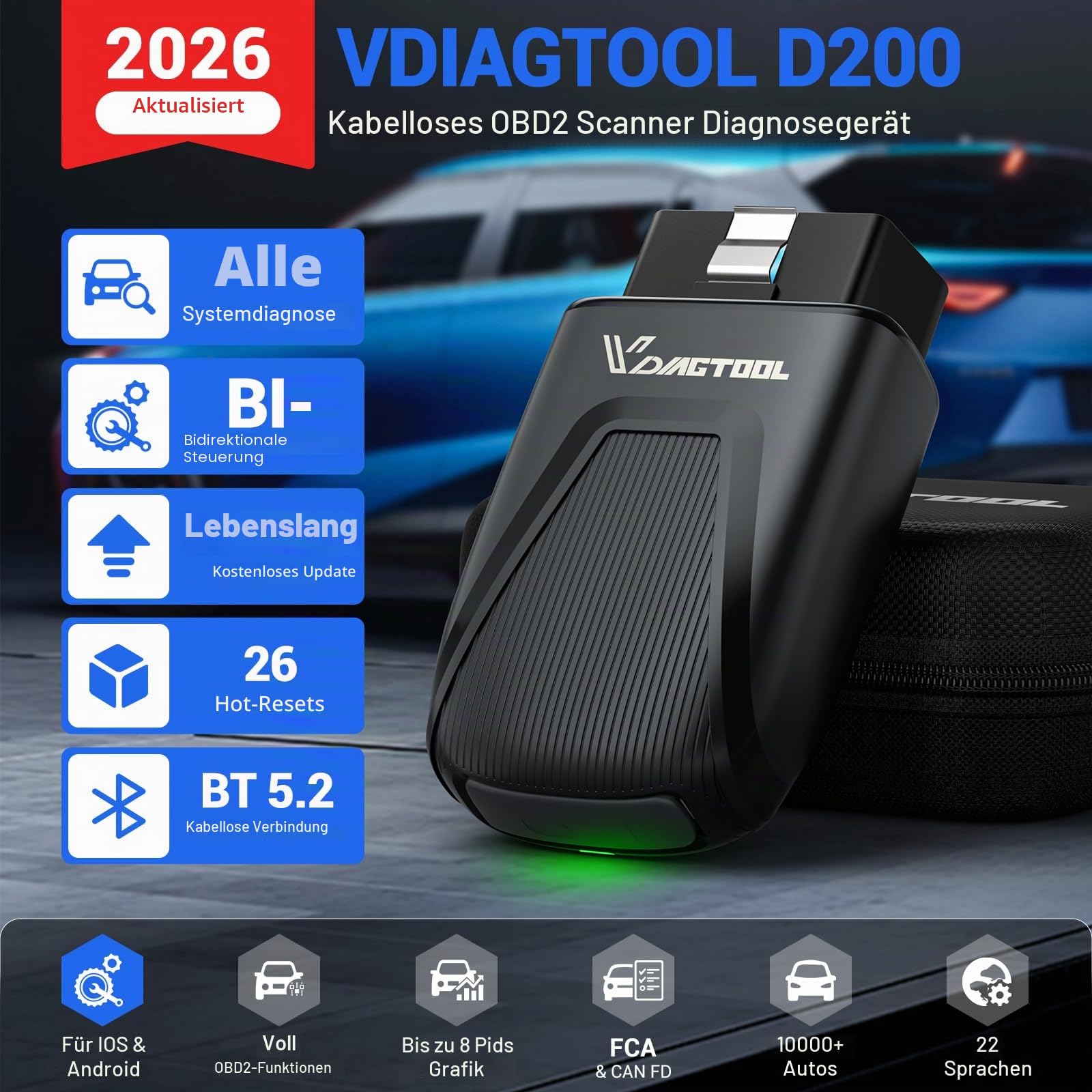 VDIAGTOOL D200 OBD2 Diagnosegerät Bluetooth, Diagnosegerät Auto Bidirektional mit 26+ Resets, Lebenslange Updates Auslesegerät Auto für iOS&Android, Alle Systeme FCA&CAN-FD Fahrzeug Kfz OBD Scanner