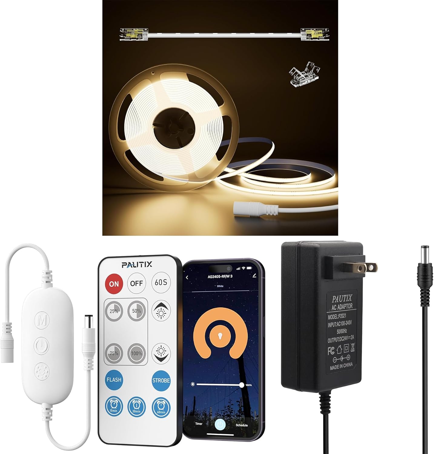 PAUTIX 5mm COB LED Strip Light 16.4ft/5m 3000K Warm White 504 LEDs/m, 24V DC 48W Power Supply Adapter, RF WiFi Smart Controller