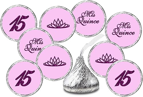 Mis membrillo cumpleaños besos morados, (juego de 216), etiquetas de gotas de chocolate de quinceañera, 15 recuerdos de decoración de fiesta para