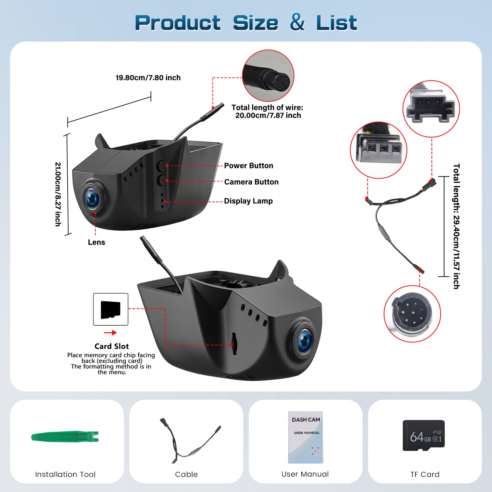 Dashcam 4K Delantera, Aspecto OEM Dash CAM Coche, para VW Tiguan 2018 2019 2020 2021 2022 2023 2024, Tarjeta de 64 GB,GPS/G-Sensor/Grabación en Bucle, Control por App