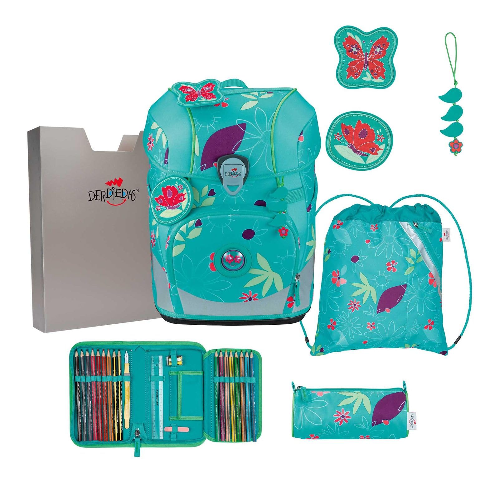 DerDieDas Schulranzen ErgoFlex Tiny Set 6-teilig Butterfly Garden türkis