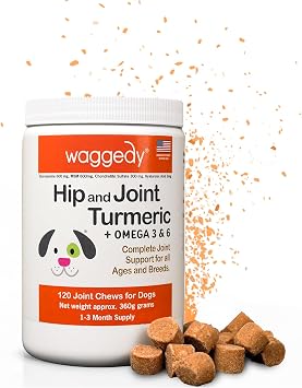 waggedy Hip and Joint Turmeric Complete Dog Supplements for Joints with Glucosamine, MSM, HA & Omega Fatty Acids Daily Glucosamine for Dogs to Improve Flexibility & Mobility 120 Dog Chews