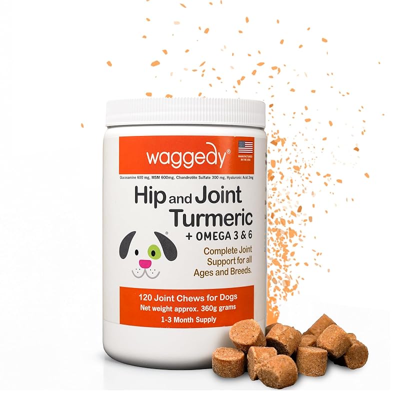 Suplemento para articulações de cães com cúrcuma waggedy – 120 unidades