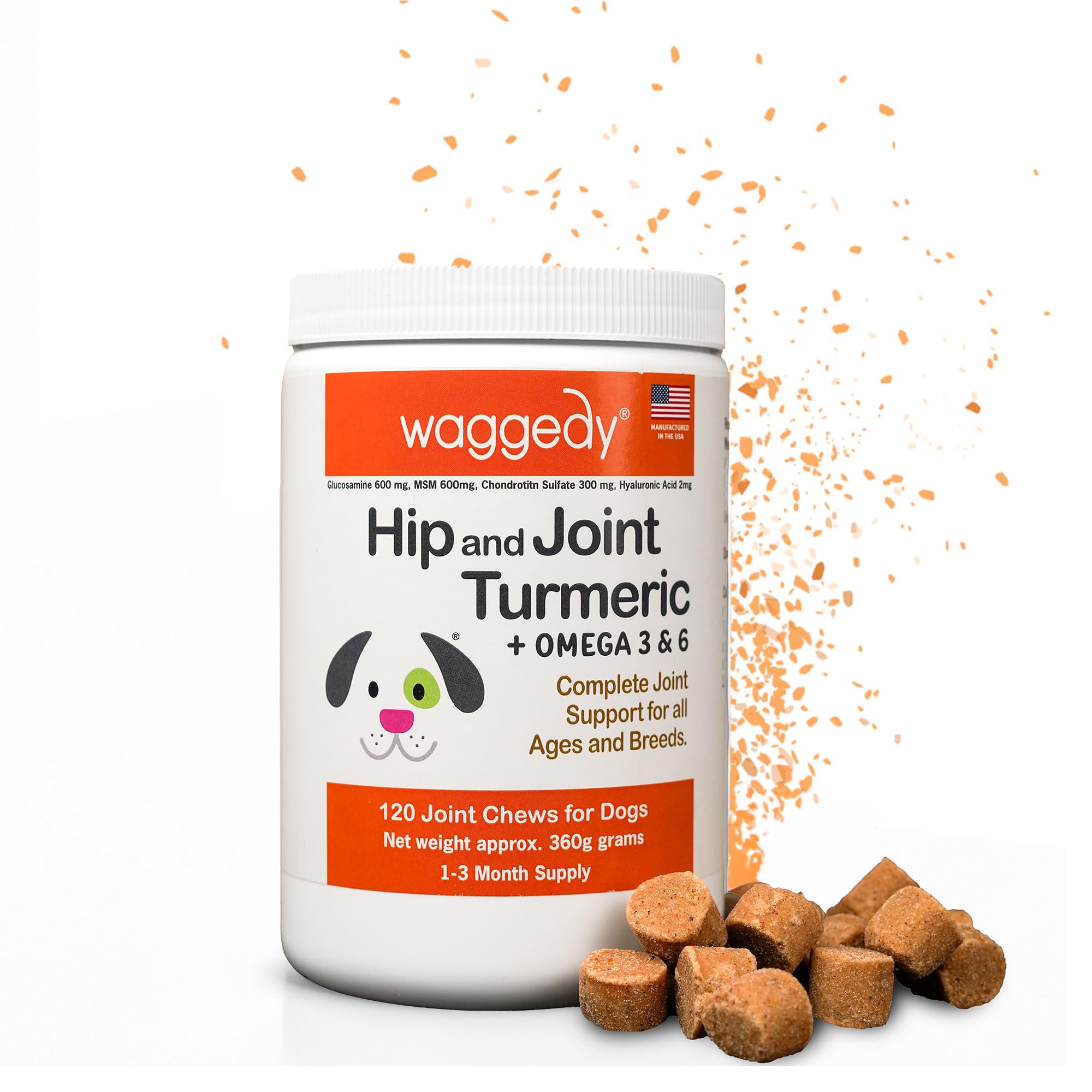 waggedy Hip and Joint Turmeric – Complete Dog Supplements for Joints with Glucosamine, MSM, HA & Omega Fatty Acids — Daily Glucosamine for Dogs to Improve Flexibility & Mobility (120 Dog Chews)