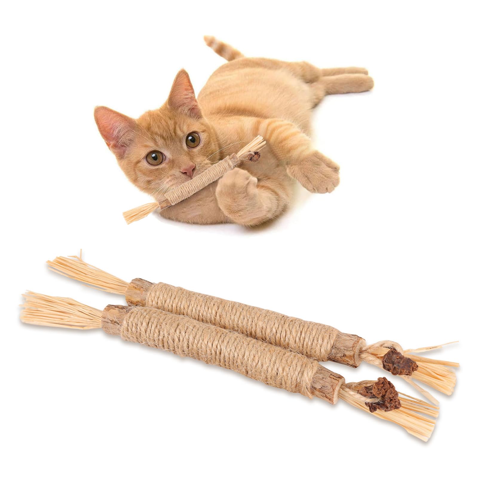 PAKESI 猫 噛むおもちゃ 歯磨き 歯ぎしり棒 またたび 天然木 麻縄 2本入り 天然安全 噛むスティック 歯のクリーニング 無毒 肥満解消 運動不足解消 ストレス解消