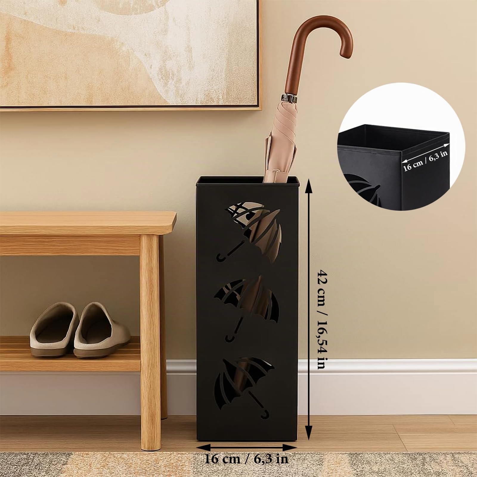 Portaombrelli Quadrato, 42 x 16 x 16 cm, 1 Pezzo Portaombrelli in Metallo, Porta Ombrello in Metallo All'ingresso, Porta Ombrello da Interno, per Ombrelli, Bastoncini da Trekking(Nero)
