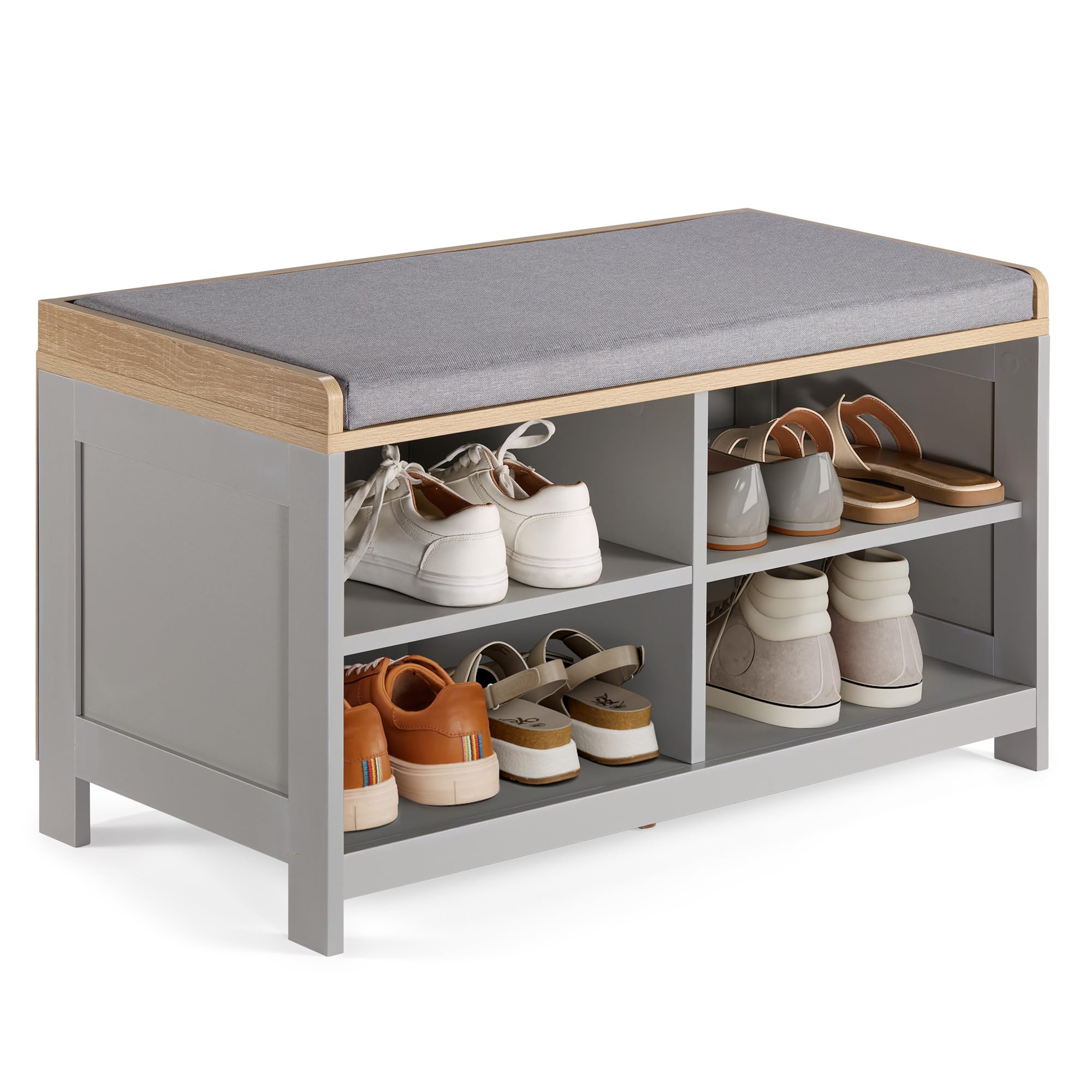 VonHaus Shoe Storage Bench with Padded Seat - Grey Hallway Bench & 4 Open Storage Shelves - Multifunctional Hall Footwear Unit with Wood Effect Top - Storage Solutions for Entryway & Porch - Ash Hall